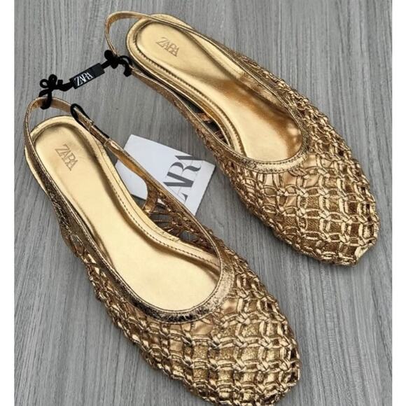 ZARA Metallic Ballet Flats NWT Gold Slingback Size 10 - Picture 4 of 15